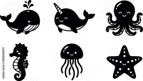 Black and white cute sea animals vector art with whale narwhal octopus seahorse jellyfish and starfish