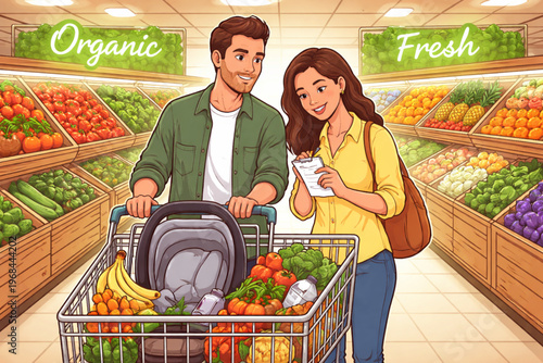 Couple Grocery Shopping in Supermarket Produce Aisle Vector