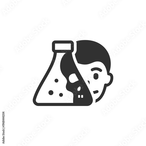 Chemical experiment flask with skull face icon. Toxic chemical hazard and dangerous laboratory substance concept. Monochrome black and white symbol