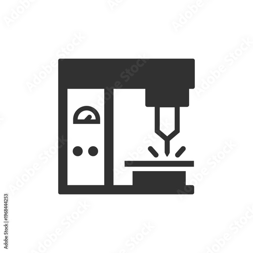 CNC milling machine icon. Automated machining and precision manufacturing. Monochrome black and white symbol