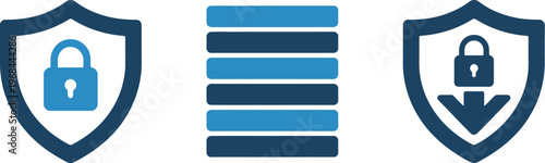 Security icons vector set, minimalist vector illustration featuring blue shield lock and database icons for security, privacy, and information technology concepts.