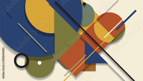 Colorful, geometric abstract art with layered shapes and lines