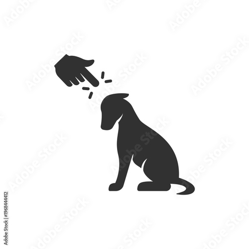 Hand scolding sad dog icon. Pet discipline and dog punishment concept. Monochrome black and white symbol