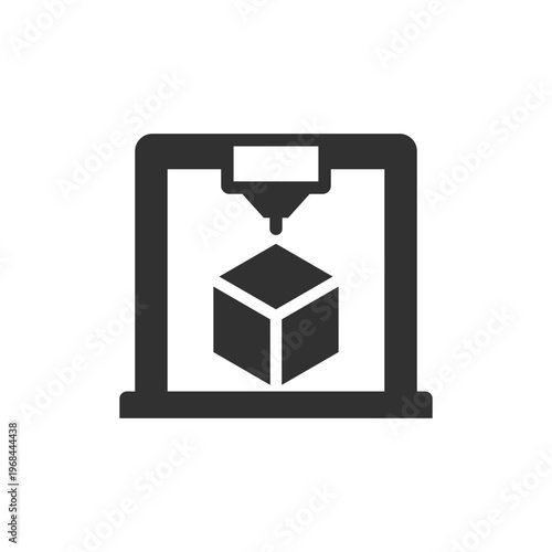 _D printer with cube icon. Additive manufacturing and rapid prototyping concept. Monochrome black and white symbol