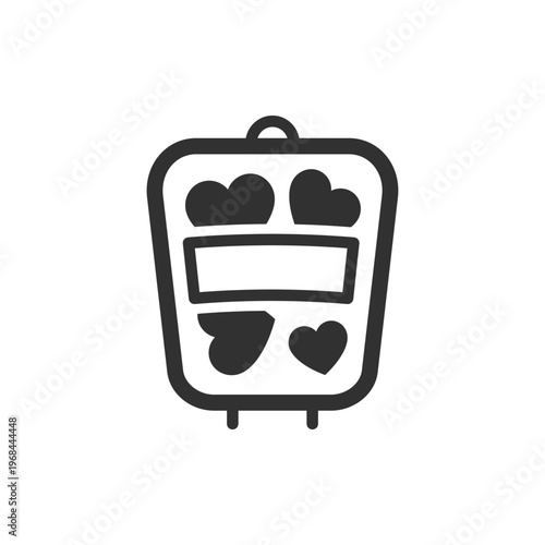 Blood bag with hearts icon. Blood donation and medical support. Monochrome black and white symbol