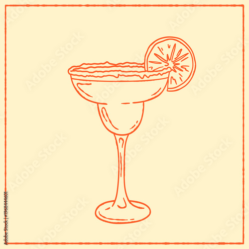 Hand-drawn margarita cocktail in a clean line art style with citrus slice detail. Perfect for bar menus, drink lists, promotions, social media, posters, and restaurant branding.