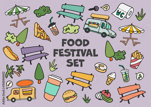 Playful doodle set with food festival elements, including food trucks, benches, drinks, snacks, trees, and decor. Perfect for posters, events, branding, stickers, apps, and social media.