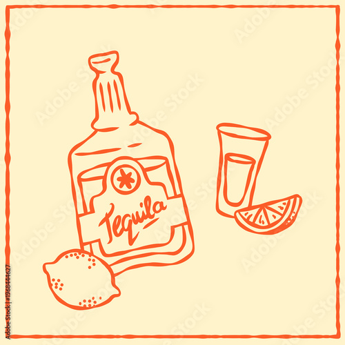 Hand-drawn tequila illustration set featuring a bottle, lime, lime slice and tequila shot in a sketch line art style. Perfect for bar menus, cocktail branding, packaging, stickers, and party designs.
