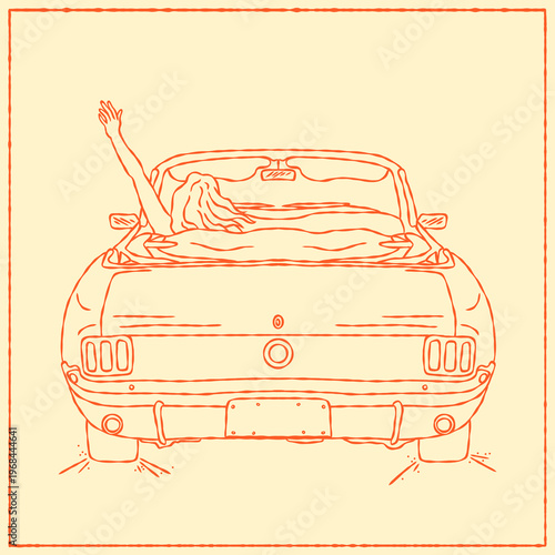 Woman driving a vintage roadster, rear view, in line art style. Road trip and solo travel concept with a freedom mood. Ideal for posters, advertising, social media, banners, and branding.