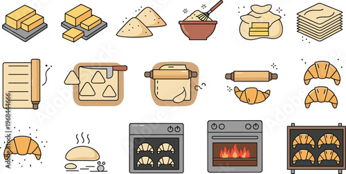 Bakery and pastry making vector set featuring croissants dough ingredients oven baking process tools and delicious baked goods illustration