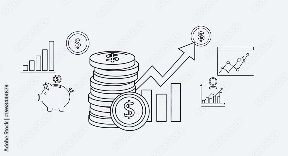 Fototapeta premium Financial growth and investment concept with coins and upward graph arrows.