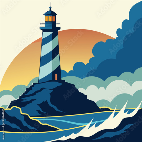 Minimalist Silhouette of a Historic Lighthouse on a Sharp Rocky Coast, Vector Graphic for Marine Adventure and Coastal Signage