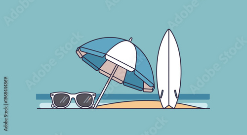 Summer beach scene with umbrella, surfboard, and sunglasses on sand.
