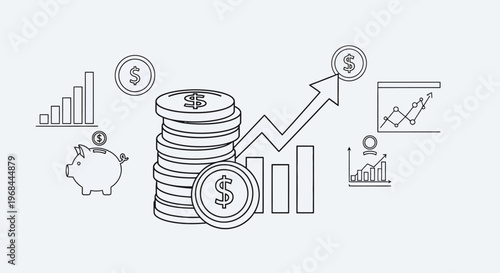 Financial growth and investment concept with coins and upward graph arrows.