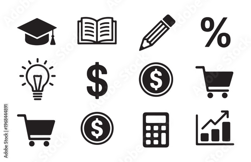 Education and finance icons set. collection of graduation cap, book, pencil, percent, lightbulb, dollar, cart, calculator, and graph.