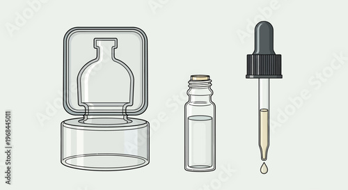 Minimalist illustration of cosmetic dropper bottle with cap and pipette.