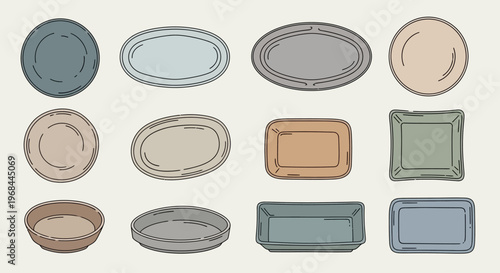 Collection of various vintage and rustic ceramic plates and trays in different shapes and muted colors.