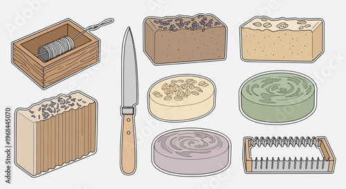 Flat lay of various home equipment and baking tools on a clean white background, including a knife and several types of soap or food molds.