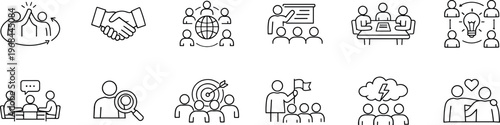 business teamwork and collaboration line icons, people meeting discussion partnership handshake leadership presentation target strategy and community vector outline icon set on transparent background