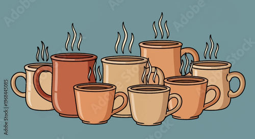 Illustration of multiple steaming coffee cups in various sizes and shades.