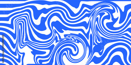 Blue wavy lines abstract background. Trendy psychedelic retro style backdrop. Waves, swirl and twirl pattern. Twisted distorted vector texture. Y2k aesthetic design