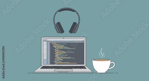 Modern workspace setup with laptop showing code, headphones, and coffee cup.