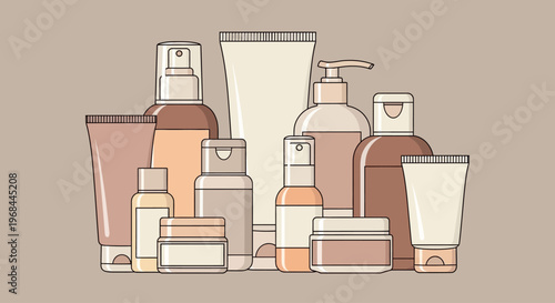 Collection of various cosmetic and skincare product containers in neutral tones.