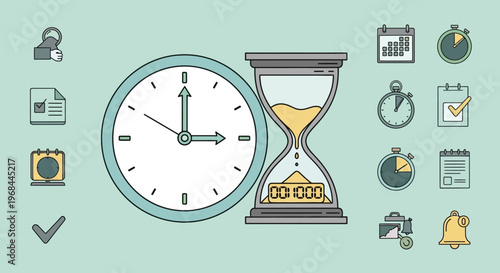 Conceptual illustration of time management with clock and hourglass symbols.