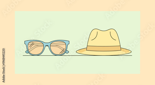 Stylish summer accessories including sunglasses and a straw hat on pastel background.