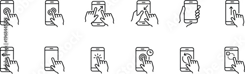 mobile touch gesture line icons set, smartphone screen hand tap swipe scroll click press drag and hold interface interaction navigation vector outline icon collection on transparent background