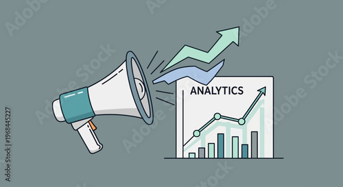 Business analytics growth concept with megaphone and upward graph.