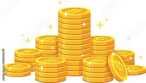 gold coin stack money illustration, currency cash wealth savings investment banking finance profit capital and dollar vector icon isolated on transparent background