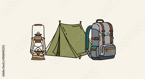 Illustration of camping gear including a lantern, green tent, and backpack against a clean white background, representing a lifestyle hobby.