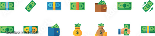 money cash and currency icons set, banknote bill wallet payment banking wealth income profit investment and dollar finance flat vector illustration collection on transparent background