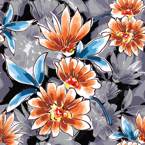 Abstract flower blooming design. Pattern with floral seamless. Grunge textured abstract art vector  with flower and plants in watercolor style.