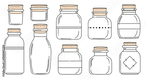 Set of various empty glass jars and bottles with cork lids in different shapes and sizes.