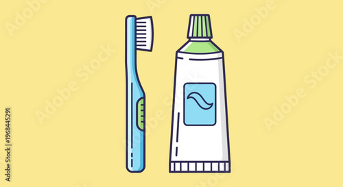 Illustration of a toothbrush and toothpaste tube on a yellow background.