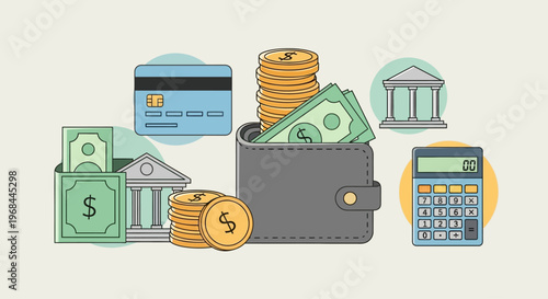 Illustration of financial management tools including wallet, money, calculator, and bank icons.
