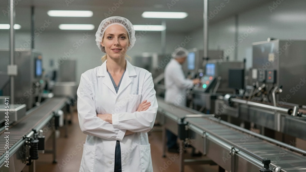 Obraz premium A smiling woman in a white lab coat and hairnet stands confidently with arms crossed, overseeing a clean food production line. Another worker is seen operating machinery in the background.