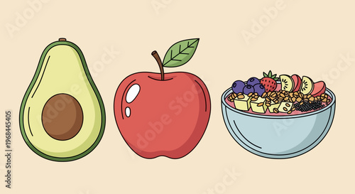 Healthy breakfast ingredients with avocado apple and fruit bowl.