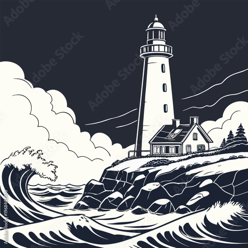 Classic Lighthouse Silhouette on a Jagged Rocky Beach, Professional Vector Design for Coastal Safety and Marine Navigation Concepts
