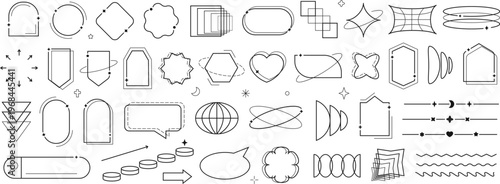 Set of abstract retro geometric elements. Line sparkles, dynamic waves. Futuristic style, frames in a contemporary and minimalist design.