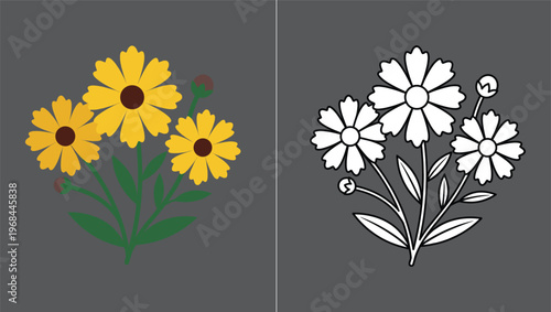 Yellow, coreopsis, flower, vector, illustration, bouquet, botanical, nature, garden, plant, blooming, outline, line, art, coloring, page, summer, floral, icon, design.