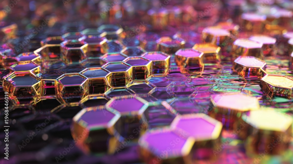 Fototapeta premium Floating hex mesh over abstract liquid surface, vibrant neon gradient reflections, futuristic and digital, ultra detailed