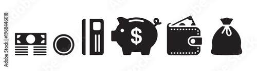 Set of financial icons in solid black, including cash stack, coin, credit card, piggy bank, wallet, money bag.