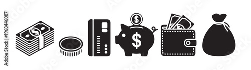 Set of financial icons in solid black, including cash stack, coin, credit card, piggy bank, wallet, money bag.