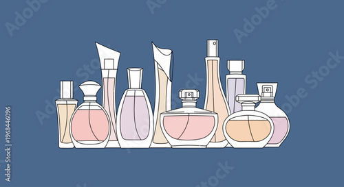 Collection of various perfume bottles with different shapes and colors on a shelf.