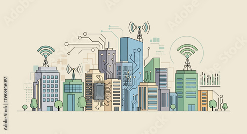 Illustration of a modern cityscape with various buildings, wireless signals, and technology elements on a light background.