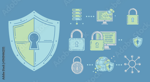 Conceptual illustration of digital security and data protection with shield and padlock icons.