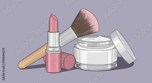 Cosmetics and makeup tools including lipstick, brush, and cream jar.